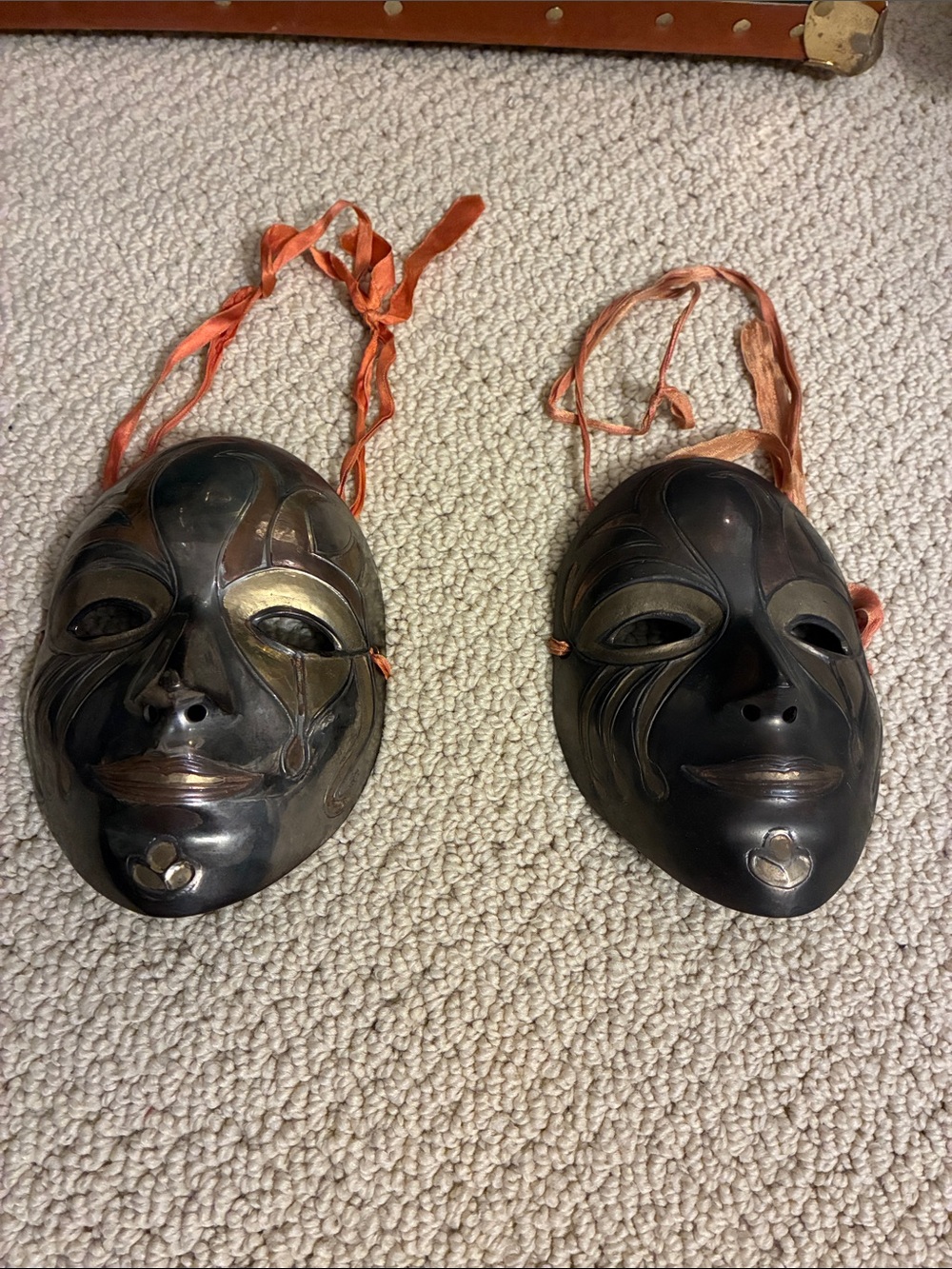 Vintage Pair of Handcrafted Solid Brass Decorative Mask with Orange Ribbon